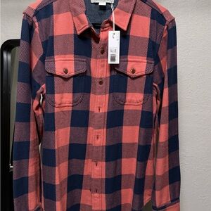 Outerknown Orange and Blue Plaid Button-Up Shirt